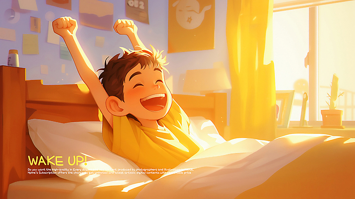 PSD 남자 행복 어린이 일러스트 창문 베개 아침 한명 웃음 소년 햇빛 이불 방 기상 침대 커튼 기지개 소년한명만 국내일러스트 주간 1 감정 가구 침구 모션 표정 사람 태양 남자한명만 소년만 파일형식