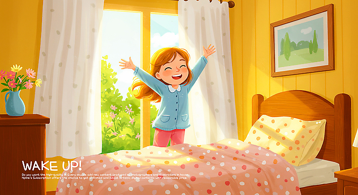 PSD 여자 꽃 행복 화분 어린이 액자 일러스트 창문 베개 아침 한명 웃음 소녀 햇빛 이불 방 기상 침대 커튼 풀 기지개 소녀한명만 국내일러스트 주간 식물 1 감정 가구 침구 모션 표정 사람 태양 여자한명만 소녀만 파일형식