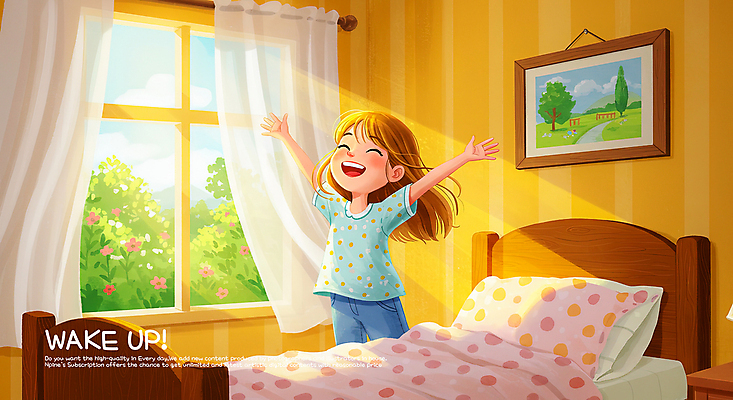 PSD 여자 행복 어린이 액자 일러스트 창문 베개 아침 바람 한명 웃음 소녀 햇빛 이불 방 기상 침대 커튼 풀 상쾌 기지개 소녀한명만 국내일러스트 주간 자연요소 식물 1 감정 가구 침구 모션 날씨 표정 사람 태양 여자한명만 소녀만 파일형식