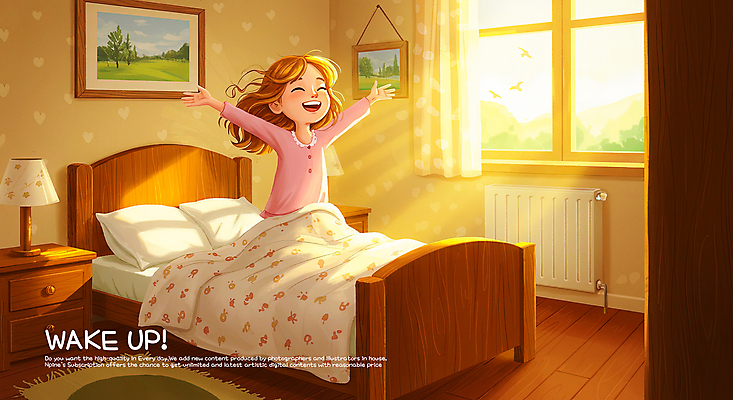PSD 여자 행복 어린이 액자 일러스트 창문 아침 한명 웃음 소녀 햇빛 방 기상 침대 스탠드 커튼 기지개 협탁 라디에이터 소녀한명만 국내일러스트 주간 1 감정 가구 모션 조명 표정 사람 태양 여자한명만 소녀만 파일형식