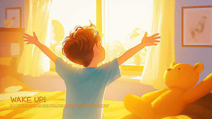 PSD 남자 행복 어린이 액자 일러스트 창문 아침 한명 소년 상반신 뒷모습 햇빛 곰인형 만세 방 기상 침대 커튼 기지개 소년한명만 국내일러스트 주간 1 감정 인형 뷰포인트 가구 모션 사람 태양 남자한명만 소년만 파일형식