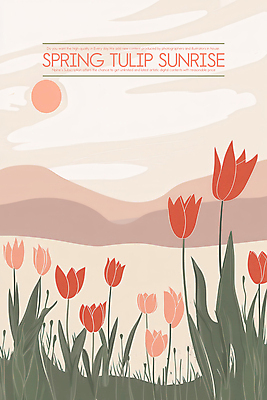 PSD 잎 꽃밭 일러스트 자연 산 초원 사람없음 태양 일출 봄풍경 봄 튤립 국내일러스트 자연요소 식물 계절 꽃 풍경 노을 생태계 파일형식
