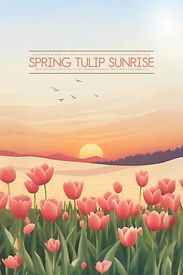 PSD 잎 꽃밭 일러스트 자연 조류 초원 사람없음 태양 일출 봄풍경 봄 튤립 언덕 국내일러스트 자연요소 식물 동물 계절 꽃 풍경 노을 생태계 파일형식