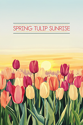 PSD 잎 꽃밭 일러스트 자연 초원 사람없음 태양 일출 봄풍경 봄 튤립 국내일러스트 자연요소 식물 계절 꽃 풍경 노을 생태계 파일형식