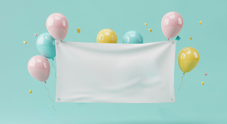 JPG 편집이미지 이벤트 사람없음 3D 현수막 천 꽃가루 풍선 민트색 카피스페이스 편집소스 편집3D AI컴퓨터그래픽 AI콘텐츠 컬러 공백 직물 가루 디지털합성 파일형식