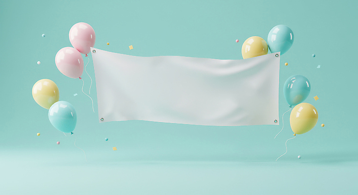 JPG 편집이미지 이벤트 사람없음 3D 현수막 천 꽃가루 풍선 민트색 카피스페이스 편집소스 편집3D AI컴퓨터그래픽 AI콘텐츠 컬러 공백 직물 가루 디지털합성 파일형식