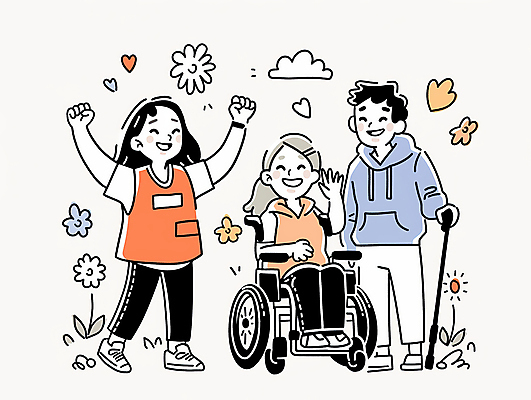 JPG 전신 구름 여자 노년 남자 꽃 잎 일러스트 지팡이 함께함 미소 앉기 성인 세명 기쁨 만세 하트 잡기 봉사 자원봉사자 장애인 휠체어 손인사 장애인의날 국내일러스트 AI일러스트 AI콘텐츠 자연요소 모양 식물 감정 컨셉 모션 표정 사람 인사 도움 장애 파일형식 법정기념일
