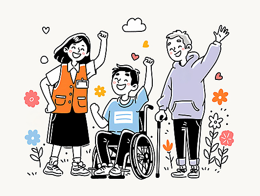 JPG 전신 구름 여자 노년 남자 꽃 허리손 잎 일러스트 지팡이 함께함 미소 앉기 성인 세명 손들기 기쁨 하트 잡기 봉사 자원봉사자 장애인 휠체어 손인사 장애인의날 국내일러스트 AI일러스트 AI콘텐츠 자연요소 모양 식물 감정 포즈 컨셉 모션 표정 사람 인사 도움 장애 파일형식 법정기념일