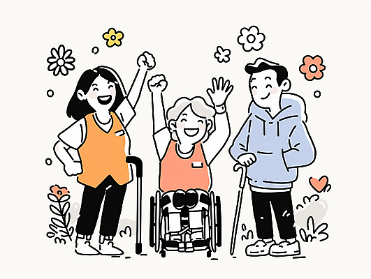 JPG 전신 여자 노년 남자 꽃 일러스트 지팡이 함께함 미소 앉기 성인 세명 손들기 기쁨 잡기 봉사 풀잎 자원봉사자 장애인 휠체어 장애인의날 국내일러스트 AI일러스트 AI콘텐츠 식물 감정 컨셉 잎 모션 표정 사람 도움 풀_식물 장애 파일형식 법정기념일