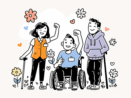 JPG 전신 여자 남자 꽃 잎 일러스트 지팡이 함께함 미소 앉기 성인 세명 손들기 기쁨 잡기 봉사 자원봉사자 장애인 휠체어 주머니손 장애인의날 성인만 국내일러스트 AI일러스트 AI콘텐츠 식물 감정 컨셉 모션 표정 사람 도움 장애 파일형식 법정기념일