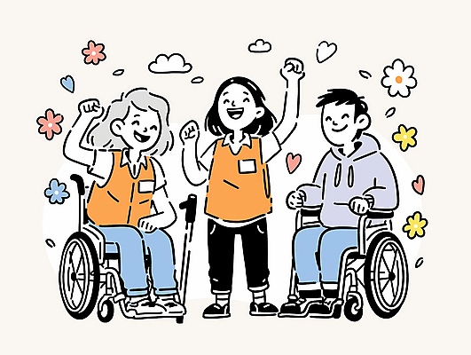 JPG 전신 구름 여자 노년 남자 꽃 잎 일러스트 지팡이 함께함 미소 앉기 성인 세명 손들기 기쁨 하트 봉사 자원봉사자 장애인 휠체어 장애인의날 국내일러스트 AI일러스트 AI콘텐츠 자연요소 모양 식물 감정 컨셉 모션 표정 사람 도움 장애 파일형식 법정기념일