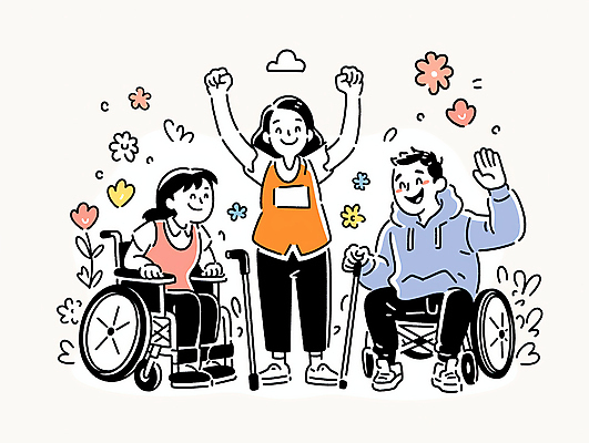 JPG 전신 구름 여자 남자 꽃 일러스트 지팡이 함께함 미소 앉기 성인 세명 손들기 기쁨 만세 잡기 봉사 풀잎 자원봉사자 장애인 휠체어 장애인의날 성인만 국내일러스트 AI일러스트 AI콘텐츠 자연요소 식물 감정 컨셉 잎 모션 표정 사람 도움 풀_식물 장애 파일형식 법정기념일