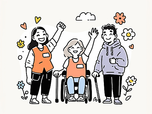 JPG 전신 구름 여자 노년 남자 꽃 잎 일러스트 지팡이 함께함 미소 앉기 성인 세명 손들기 기쁨 하트 잡기 봉사 자원봉사자 장애인 휠체어 손인사 장애인의날 국내일러스트 AI일러스트 AI콘텐츠 자연요소 모양 식물 감정 컨셉 모션 표정 사람 인사 도움 장애 파일형식 법정기념일