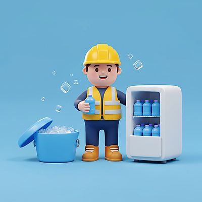 JPG 전신 편집이미지 남자 하늘색 휴식 노동자 3D캐릭터 통 한명 미소 들기 성인 3D 얼음 물병 냉장고 수분섭취 안전조끼 성인남자한명만 건설근로자 편집3D AI컴퓨터그래픽 AI콘텐츠 자연요소 직업 캐릭터 1 컨셉 모션 표정 사람 파란색 가전제품 물통 디지털합성 남자한명만 성인남자만 파일형식
