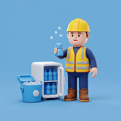 JPG 전신 편집이미지 남자 하늘색 휴식 노동자 3D캐릭터 통 한명 미소 들기 성인 3D 얼음 물병 냉장고 수분섭취 안전조끼 성인남자한명만 건설근로자 편집3D AI컴퓨터그래픽 AI콘텐츠 자연요소 직업 캐릭터 1 컨셉 모션 표정 사람 파란색 가전제품 물통 디지털합성 남자한명만 성인남자만 파일형식
