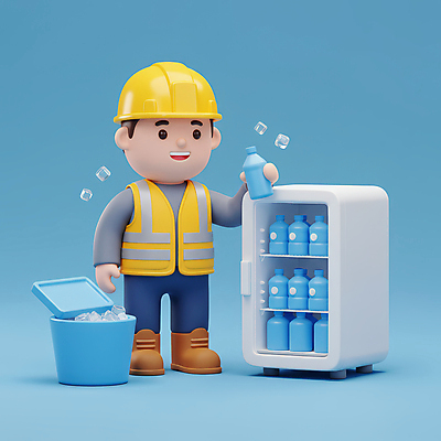JPG 전신 편집이미지 남자 하늘색 휴식 노동자 3D캐릭터 통 한명 미소 들기 성인 3D 얼음 물병 냉장고 수분섭취 안전조끼 성인남자한명만 건설근로자 편집3D AI컴퓨터그래픽 AI콘텐츠 자연요소 직업 캐릭터 1 컨셉 모션 표정 사람 파란색 가전제품 물통 디지털합성 남자한명만 성인남자만 파일형식