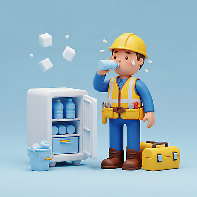JPG 전신 편집이미지 남자 하늘색 휴식 노동자 3D캐릭터 한명 들기 성인 3D 얼음 공구 양동이 물병 땀 냉장고 물마시기 수분섭취 안전조끼 성인남자한명만 건설근로자 편집3D AI컴퓨터그래픽 AI콘텐츠 자연요소 직업 캐릭터 1 컨셉 모션 사람 파란색 가전제품 마시기 도구 물통 디지털합성 남자한명만 성인남자만 파일형식