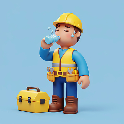 JPG 전신 편집이미지 남자 하늘색 휴식 노동자 3D캐릭터 한명 들기 성인 3D 눈감음 공구 물병 땀 물마시기 수분섭취 안전조끼 성인남자한명만 건설근로자 편집3D AI컴퓨터그래픽 AI콘텐츠 직업 캐릭터 1 컨셉 모션 사람 파란색 마시기 도구 물통 디지털합성 남자한명만 성인남자만 파일형식