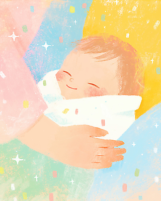 JPG 손 행복 일러스트 가족 사랑 한명 미소 상반신 신체부위 반짝임 컬러풀 눈감음 아기 포근함 파스텔톤 포대기 국내일러스트 AI일러스트 AI콘텐츠 1 감정 컬러 관계 모션 표정 사람 아기용품 감각 파일형식