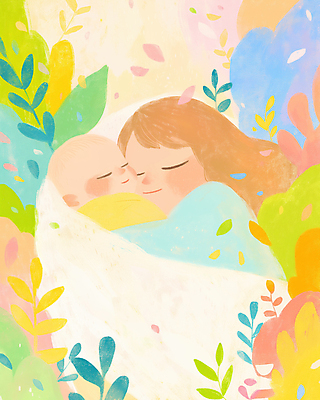 JPG 여자 행복 일러스트 포옹 엄마 사랑 미소 상반신 성인 두명 컬러풀 눈감음 아기 풀잎 포근함 파스텔톤 포대기 국내일러스트 AI일러스트 AI콘텐츠 감정 컬러 잎 가족 안기 모션 표정 사람 아기용품 풀_식물 감각 파일형식