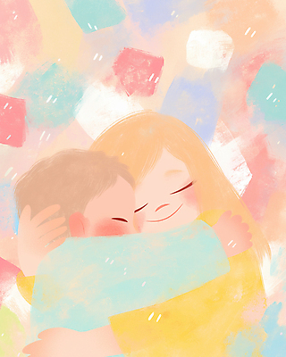 JPG 여자 행복 일러스트 포옹 엄마 사랑 미소 상반신 성인 두명 컬러풀 눈감음 아기 포근함 파스텔톤 국내일러스트 AI일러스트 AI콘텐츠 감정 컬러 가족 안기 모션 표정 사람 감각 파일형식