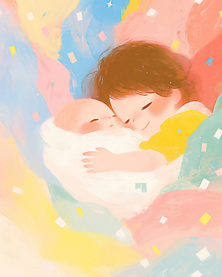 JPG 여자 행복 일러스트 포옹 엄마 사랑 미소 상반신 성인 두명 컬러풀 눈감음 아기 포근함 꽃가루 파스텔톤 포대기 국내일러스트 AI일러스트 AI콘텐츠 감정 컬러 가족 안기 모션 표정 사람 아기용품 감각 가루 파일형식