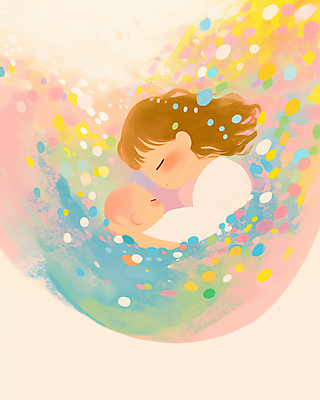 JPG 여자 행복 일러스트 포옹 엄마 사랑 상반신 성인 두명 컬러풀 눈감음 아기 포근함 파스텔톤 국내일러스트 AI일러스트 AI콘텐츠 감정 컬러 가족 안기 모션 사람 감각 파일형식