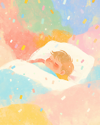 JPG 행복 일러스트 가족 사랑 한명 상반신 컬러풀 눕기 눈감음 이불 아기 포근함 꽃가루 목베개 파스텔톤 국내일러스트 AI일러스트 AI콘텐츠 1 감정 컬러 관계 침구 모션 사람 감각 가루 파일형식