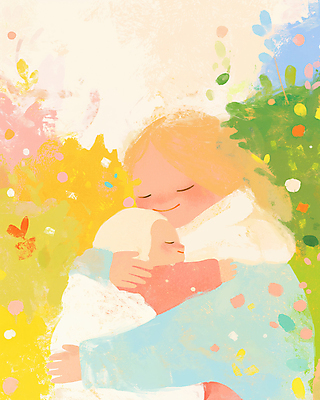 JPG 여자 행복 일러스트 포옹 엄마 사랑 미소 상반신 성인 두명 컬러풀 눈감음 아기 포근함 파스텔톤 포대기 국내일러스트 AI일러스트 AI콘텐츠 감정 컬러 가족 안기 모션 표정 사람 아기용품 감각 파일형식