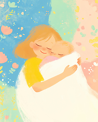 JPG 여자 꽃 행복 일러스트 포옹 엄마 사랑 미소 상반신 성인 두명 컬러풀 눈감음 이불 아기 포근함 파스텔톤 국내일러스트 AI일러스트 AI콘텐츠 식물 감정 컬러 가족 침구 안기 모션 표정 사람 감각 파일형식