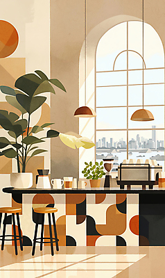 JPG 식물 화분 의자 일러스트 창문 탁자 조명 잔 그림자 사람없음 빛 카페 커피메이커 국내일러스트 AI일러스트 AI콘텐츠 식기 가구 상점 커피용품 파일형식