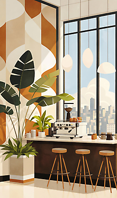 JPG 식물 화분 의자 일러스트 창문 탁자 조명 잔 그림자 사람없음 빛 카페 커피메이커 국내일러스트 AI일러스트 AI콘텐츠 식기 가구 상점 커피용품 파일형식