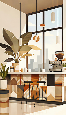 JPG 식물 화분 의자 일러스트 창문 탁자 조명 잔 그림자 사람없음 빛 카페 커피메이커 국내일러스트 AI일러스트 AI콘텐츠 식기 가구 상점 커피용품 파일형식