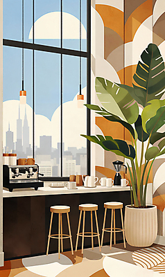 JPG 식물 화분 의자 일러스트 창문 탁자 조명 잔 그림자 사람없음 빛 카페 커피메이커 국내일러스트 AI일러스트 AI콘텐츠 식기 가구 상점 커피용품 파일형식