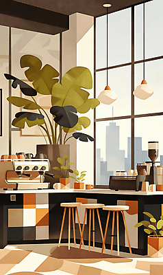 JPG 식물 화분 의자 일러스트 창문 탁자 조명 잔 그림자 사람없음 빛 카페 커피메이커 국내일러스트 AI일러스트 AI콘텐츠 식기 가구 상점 커피용품 파일형식