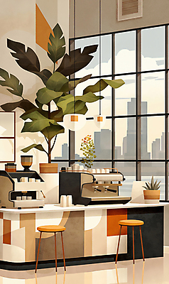 JPG 식물 화분 의자 일러스트 창문 탁자 조명 잔 그림자 사람없음 빛 카페 커피메이커 국내일러스트 AI일러스트 AI콘텐츠 식기 가구 상점 커피용품 파일형식