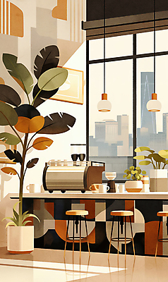 JPG 식물 화분 의자 일러스트 창문 탁자 조명 잔 그림자 사람없음 빛 카페 커피메이커 국내일러스트 AI일러스트 AI콘텐츠 식기 가구 상점 커피용품 파일형식