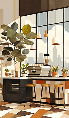 JPG 식물 화분 의자 일러스트 창문 탁자 조명 잔 그림자 사람없음 빛 카페 커피메이커 국내일러스트 AI일러스트 AI콘텐츠 식기 가구 상점 커피용품 파일형식
