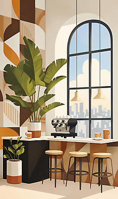 JPG 식물 화분 의자 일러스트 창문 탁자 조명 잔 그림자 사람없음 빛 카페 커피메이커 국내일러스트 AI일러스트 AI콘텐츠 식기 가구 상점 커피용품 파일형식