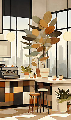 JPG 식물 화분 의자 일러스트 창문 탁자 조명 잔 그림자 사람없음 빛 카페 커피메이커 국내일러스트 AI일러스트 AI콘텐츠 식기 가구 상점 커피용품 파일형식