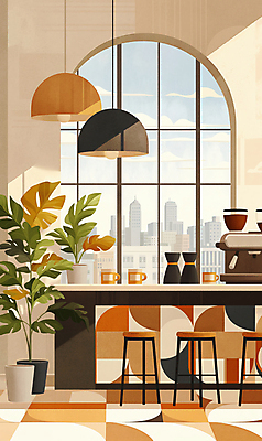 JPG 식물 화분 의자 일러스트 창문 탁자 조명 잔 그림자 사람없음 빛 카페 커피메이커 국내일러스트 AI일러스트 AI콘텐츠 식기 가구 상점 커피용품 파일형식