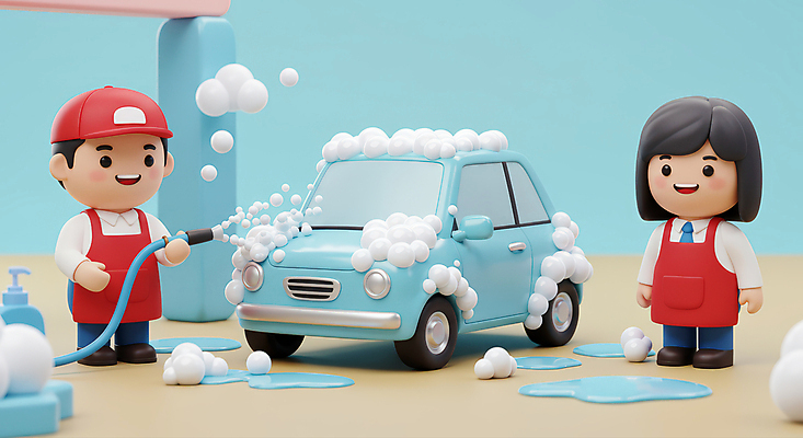 JPG 전신 편집이미지 여자 남자 하늘색 자동차 미소 들기 성인 두명 물 3D 앞치마 호스 비누거품 세차장 캡모자 성인만 손세차 편집3D AI컴퓨터그래픽 AI콘텐츠 자연요소 모자_잡화 육상교통 모션 표정 사람 파란색 거품 디지털합성 세차 파일형식