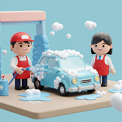JPG 전신 편집이미지 여자 남자 하늘색 자동차 미소 들기 성인 두명 물 3D 앞치마 호스 비누거품 세차장 캡모자 성인만 손세차 편집3D AI컴퓨터그래픽 AI콘텐츠 자연요소 모자_잡화 육상교통 모션 표정 사람 파란색 거품 디지털합성 세차 파일형식