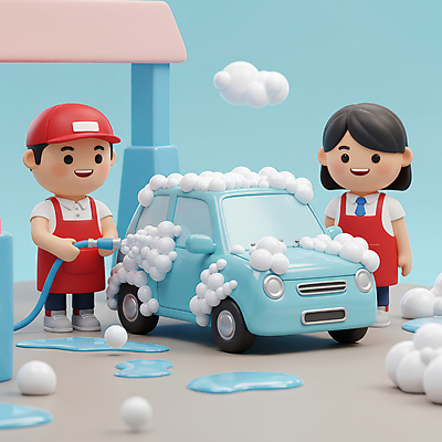 JPG 전신 편집이미지 여자 남자 하늘색 자동차 미소 들기 성인 두명 물 3D 앞치마 호스 비누거품 세차장 캡모자 성인만 손세차 편집3D AI컴퓨터그래픽 AI콘텐츠 자연요소 모자_잡화 육상교통 모션 표정 사람 파란색 거품 디지털합성 세차 파일형식