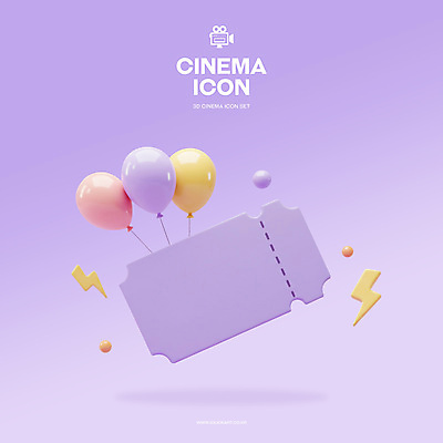PSD 아이콘 사람없음 3D아이콘 3D 보라색 영화 오브젝트 풍선 번개모양 영화티켓 편집3D 모양 컬러 문화예술 티켓 번개 디지털합성 파일형식