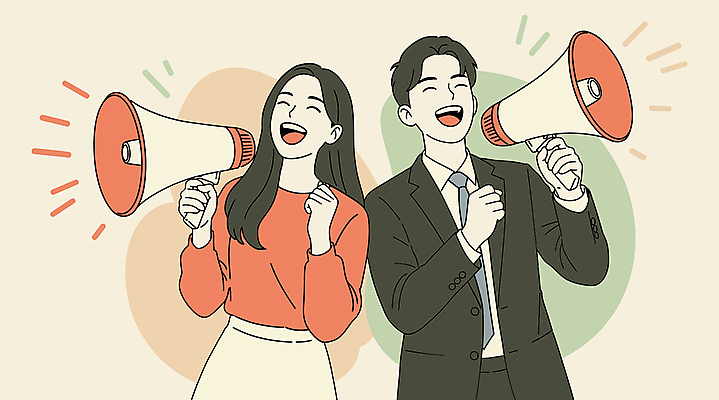 여자 남자 일러스트 웃음 들기 정장 성인 두명 손들기 확성기 외침 베이지색 성인만 국내일러스트 AI파일 옷 컬러 모션 표정 사람 소리 파일형식 벡터