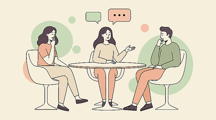 전신 여자 남자 말풍선 의자 일러스트 탁자 회의 앉기 성인 세명 손들기 다리꼬기 토론 고민 베이지색 성인만 국내일러스트 AI파일 감정 컬러 가구 비즈니스 모션 사람 파일형식 벡터