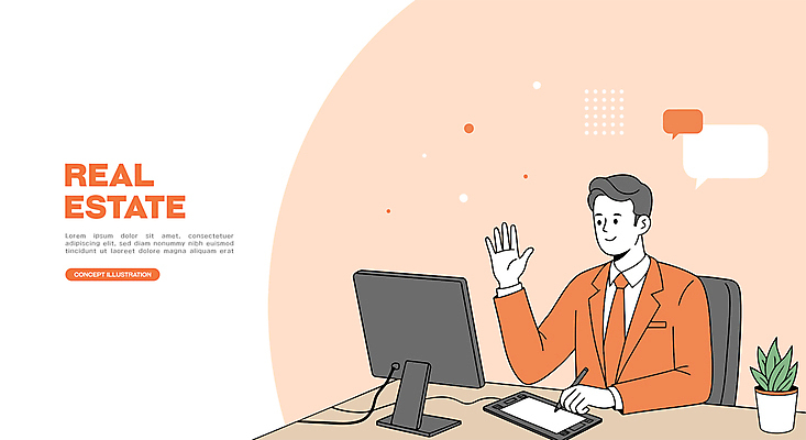 식물 남자 화분 말풍선 의자 일러스트 부동산 책장 한명 미소 앉기 성인 태블릿 손들기 모니터 기록 잡기 비즈니스맨 책상 상담 인터넷창 공인중개사 살구색 성인남자한명만 태블릿펜 국내일러스트 AI파일 직업 1 컬러 가구 인터넷 비즈니스 모션 표정 사람 전자제품 스마트기기 컴퓨터 펜 직장인 재산 남자한명만 성인남자만 파일형식 벡터