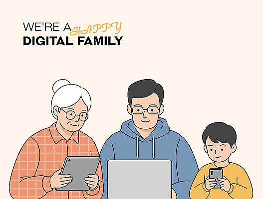 여자 노년 남자 어린이 일러스트 가족 미소 들기 소년 상반신 성인 세명 노트북 스마트폰 태블릿 타이핑 살구색 안경낌 디지털라이프 국내일러스트 AI파일 라이프스타일 안경 컬러 관계 모션 표정 사람 전자제품 핸드폰 스마트기기 파일형식 벡터