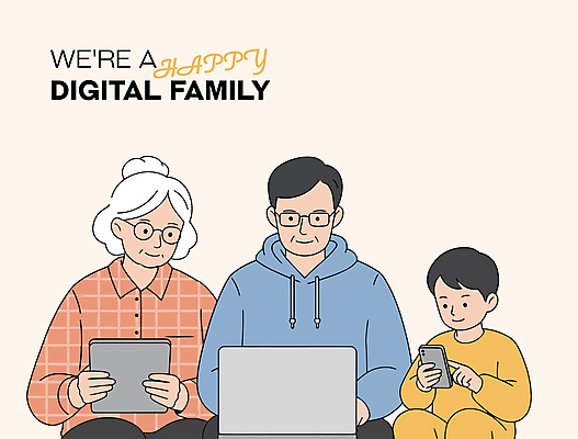 여자 노년 남자 어린이 일러스트 가족 미소 들기 소년 상반신 성인 세명 노트북 스마트폰 태블릿 타이핑 살구색 안경낌 디지털라이프 국내일러스트 AI파일 라이프스타일 안경 컬러 관계 모션 표정 사람 전자제품 핸드폰 스마트기기 파일형식 벡터